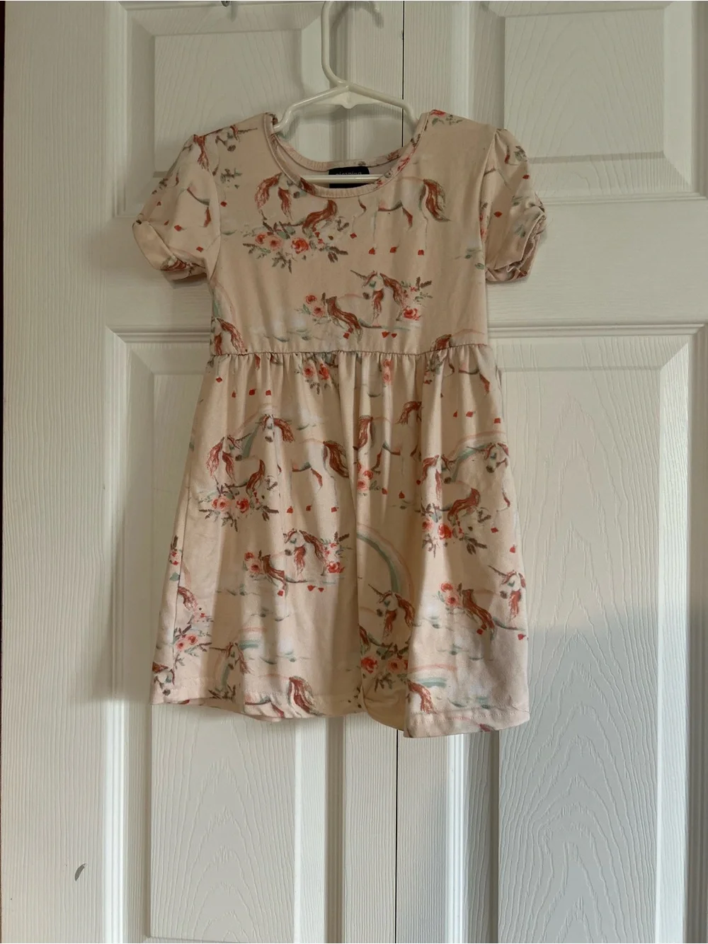 Girls' Cream Unicorn Print Short Sleeve Everyday Dress